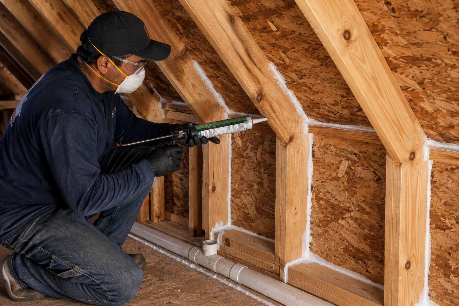 A worker wearing protective gear applies sealant along the wooden framing in an attic.
