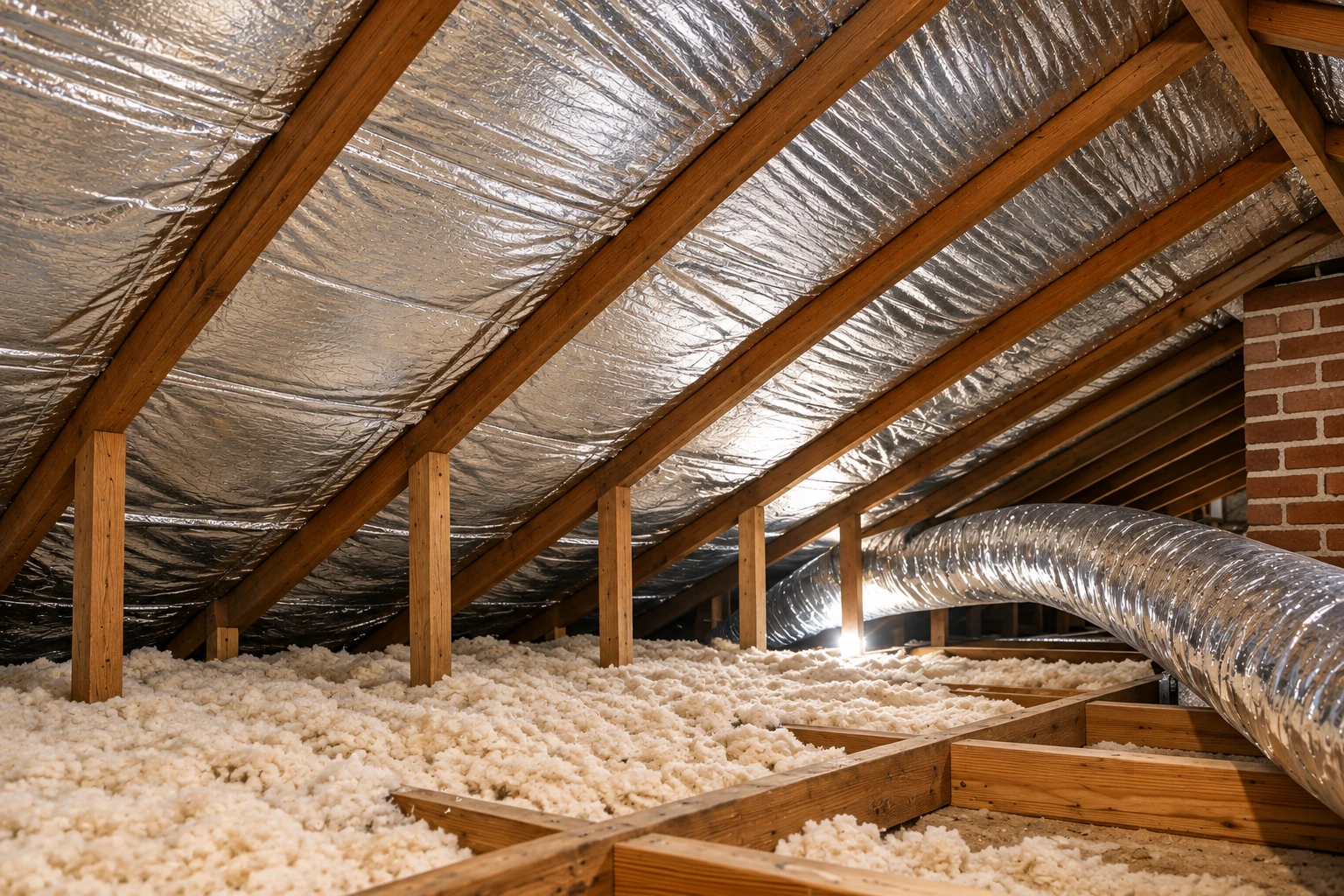 An attic has exposed wooden rafters, reflective foil along the sloped roof, loose-fill insulation on the floor, and a large duct.
