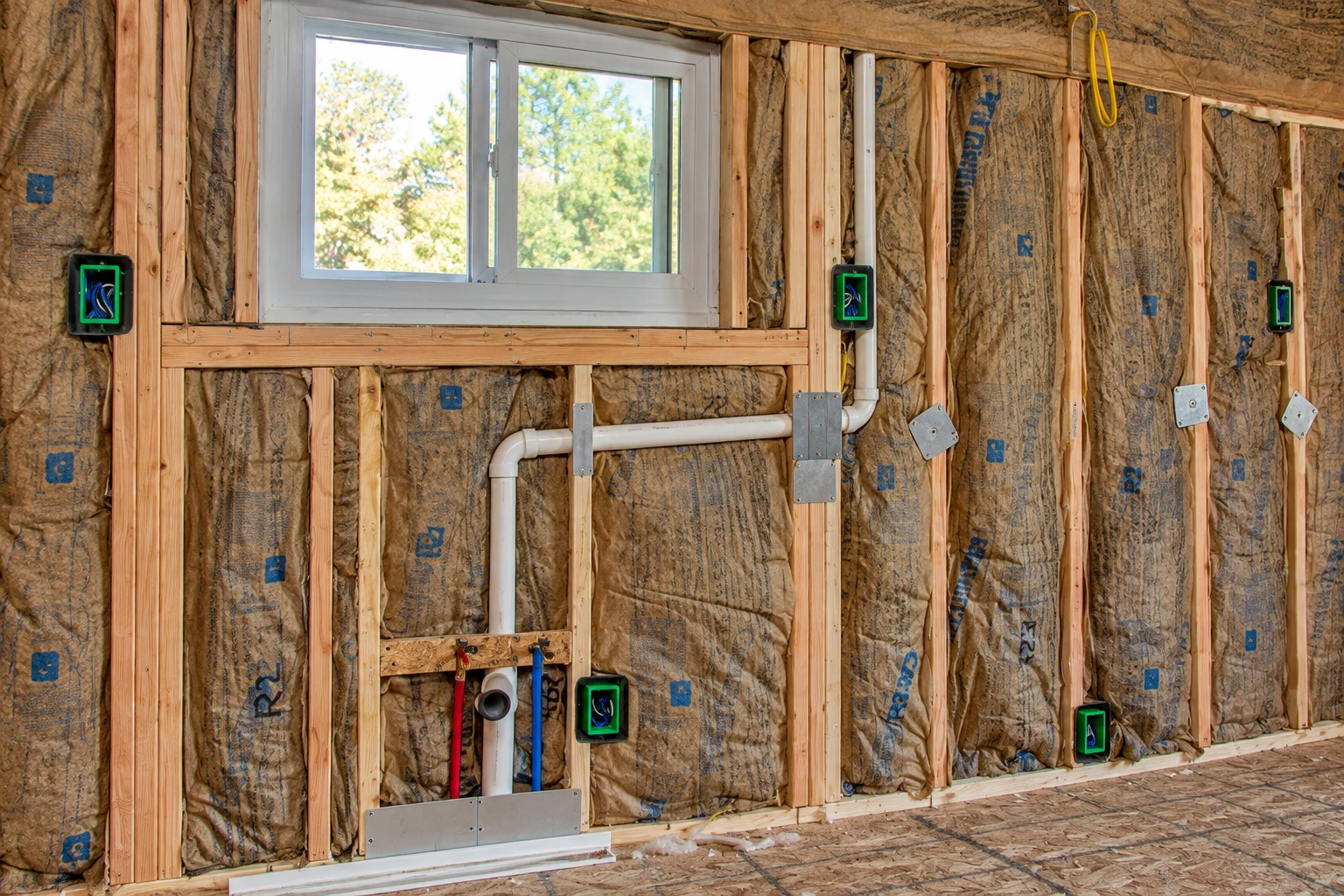 Fiberglass batts fill the wall cavities around a window, plumbing, and electrical boxes in an unfinished room.
