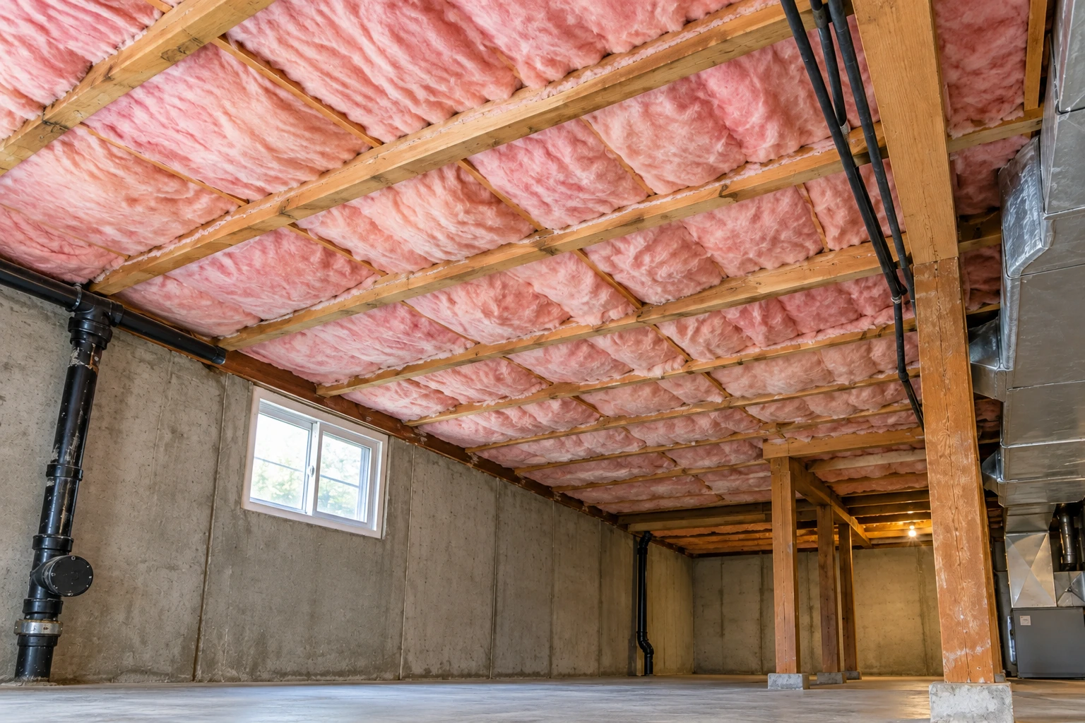 Basement with pink insulation batts fitted between ceiling joists above a concrete floor.