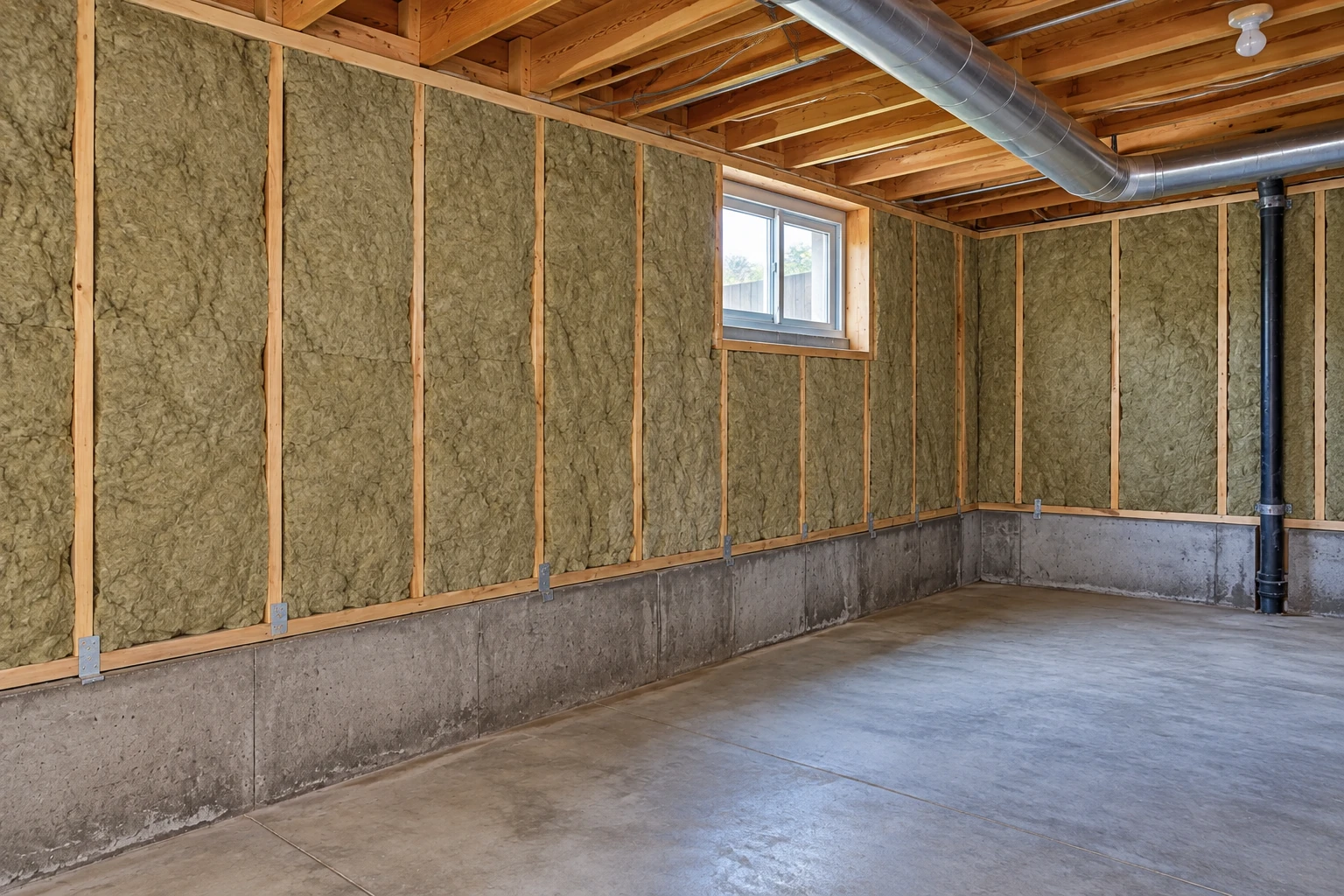 Gray-green batts fill the framed walls of an unfinished basement above concrete foundation walls.