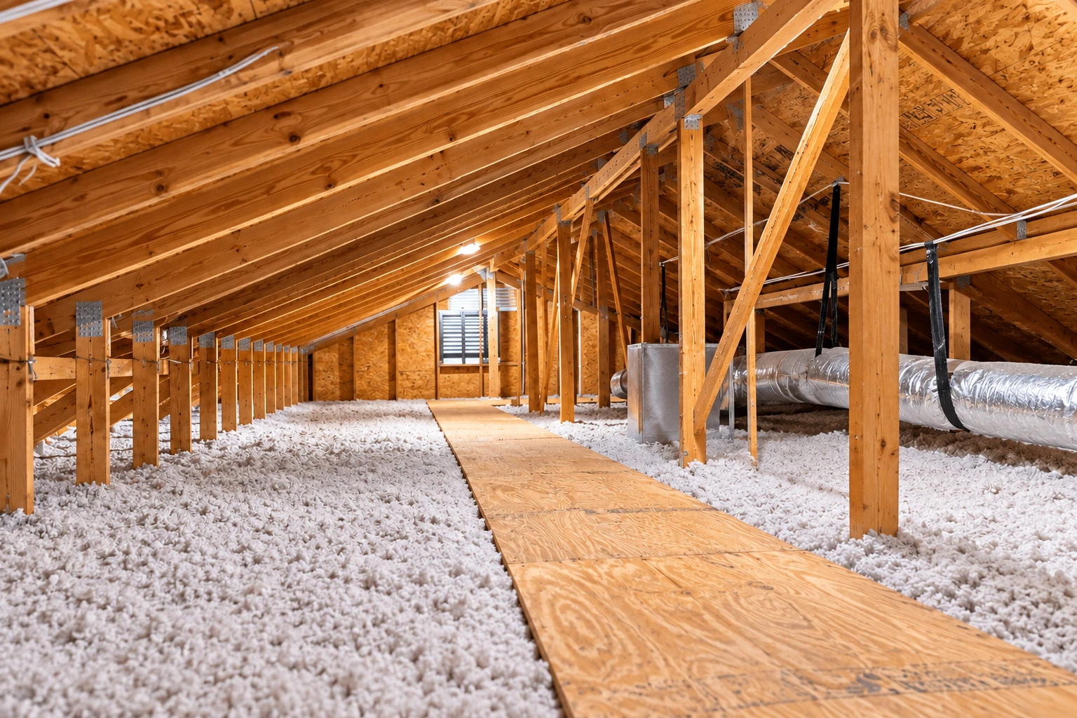 Loose white blown-in insulation covers an attic floor around a central wooden walkway and exposed roof framing.