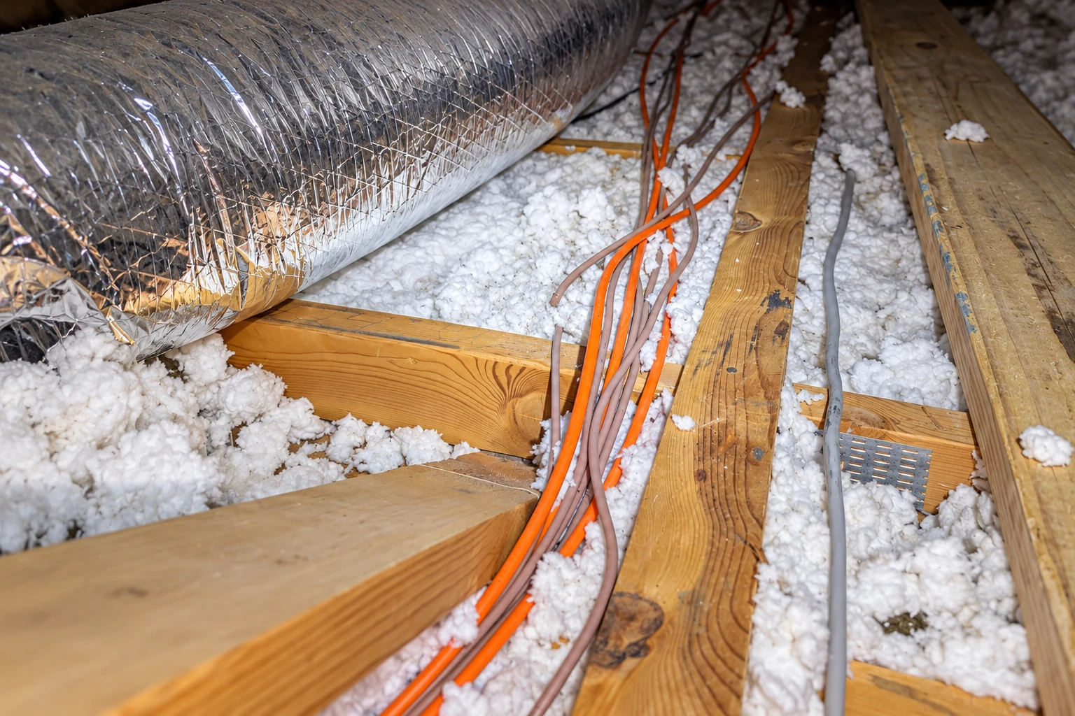 Loose white insulation covers an attic floor around wooden joists, wiring, and a large foil-wrapped duct.