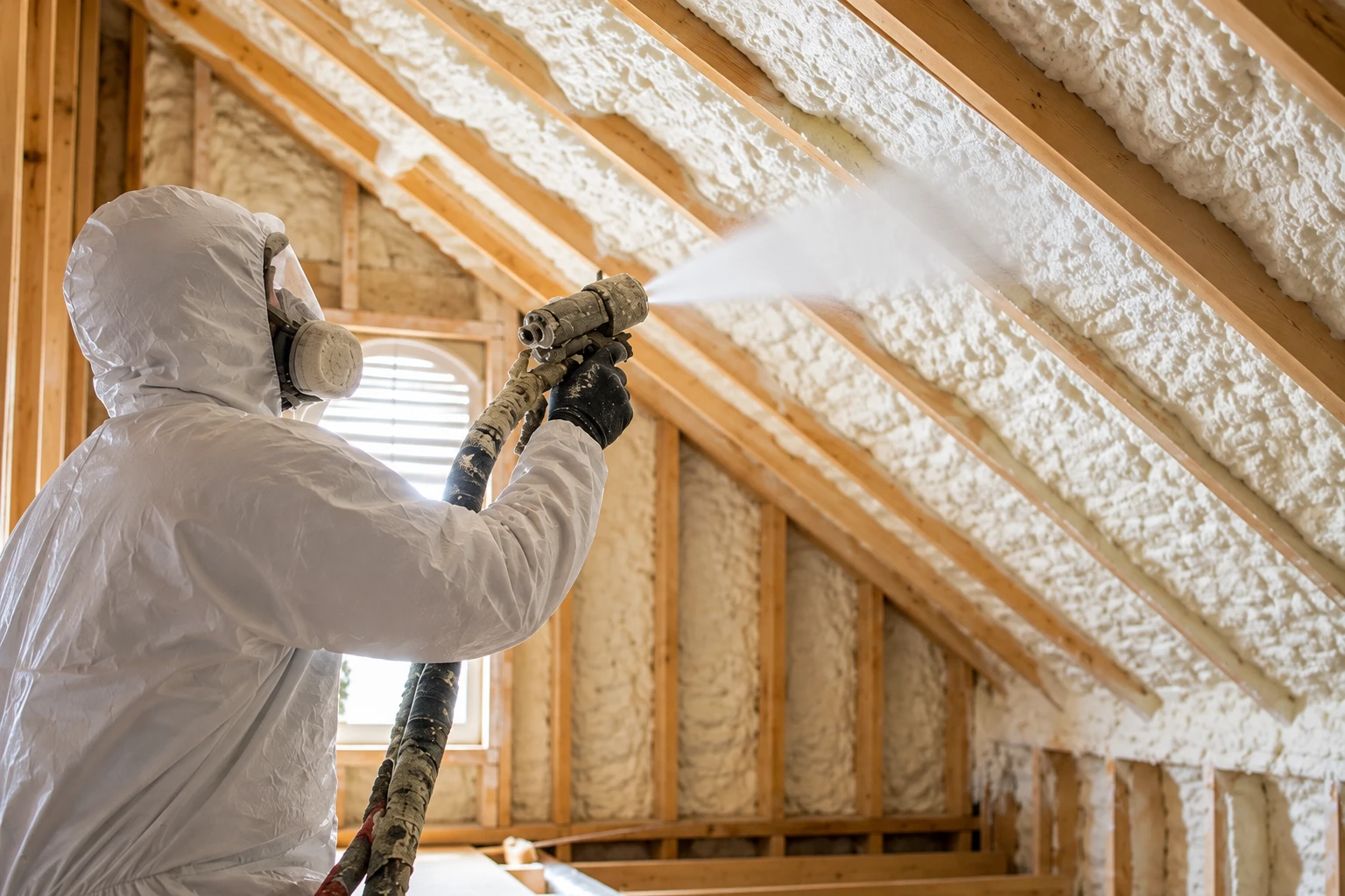 Worker in protective gear sprays white foam insulation onto the sloped rafters of an unfinished attic.