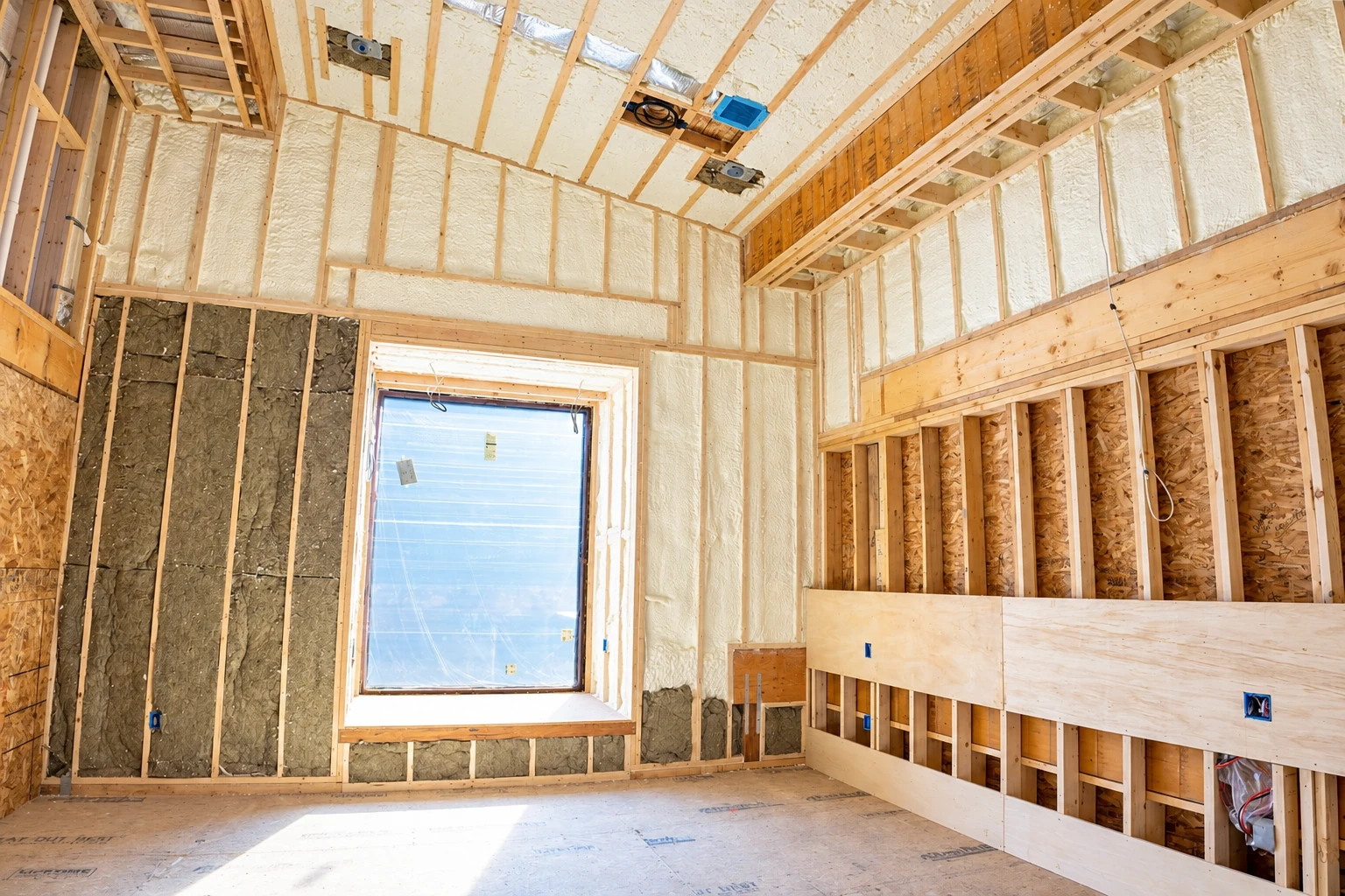 An unfinished room has pale spray foam between wall and ceiling framing, with a window and exposed studs.