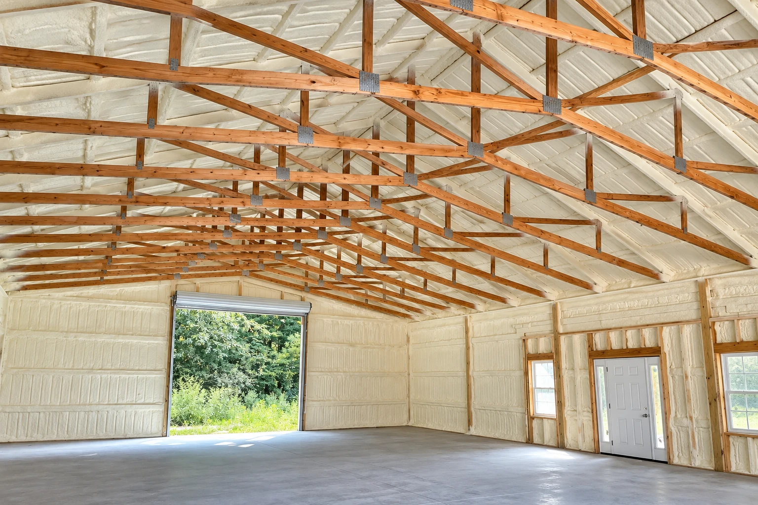 A large commercial building interior has white spray foam insulation across its roof and walls beneath exposed wooden trusses.
