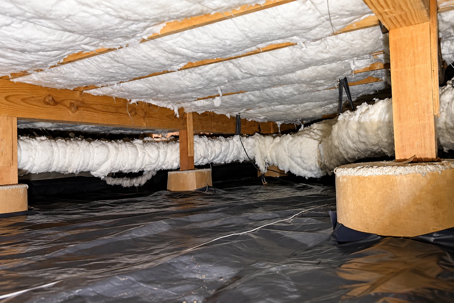 Crawl space with white insulation between floor joists, wooden supports, and a black plastic vapor barrier covering the ground.
