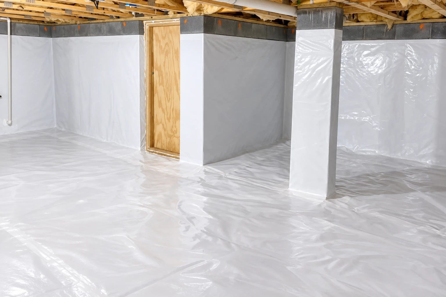 Crawl space with white plastic vapor barrier covering the floor, walls, and support posts.