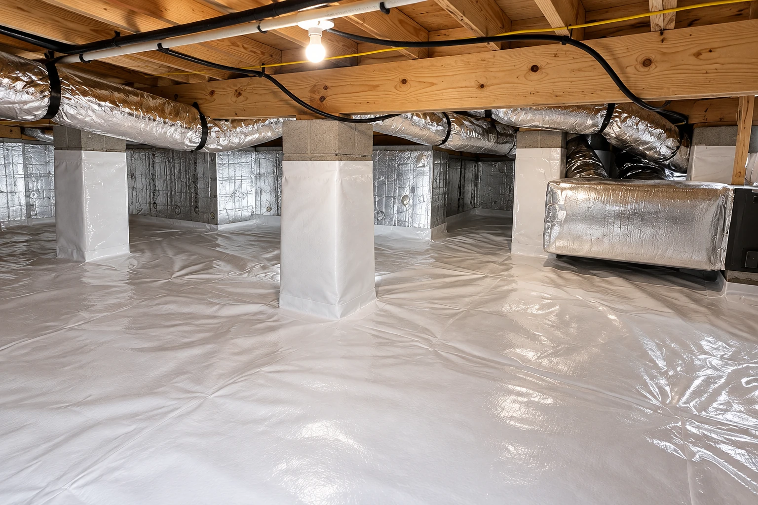 A crawl space has a white vapor barrier covering the floor and wrapped around support piers, with insulated ducts overhead.