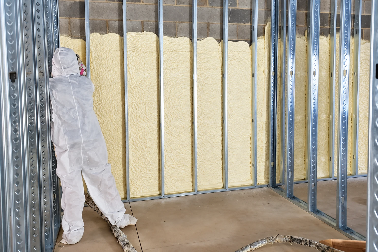 A worker in protective coveralls applies pale spray foam between metal wall studs.