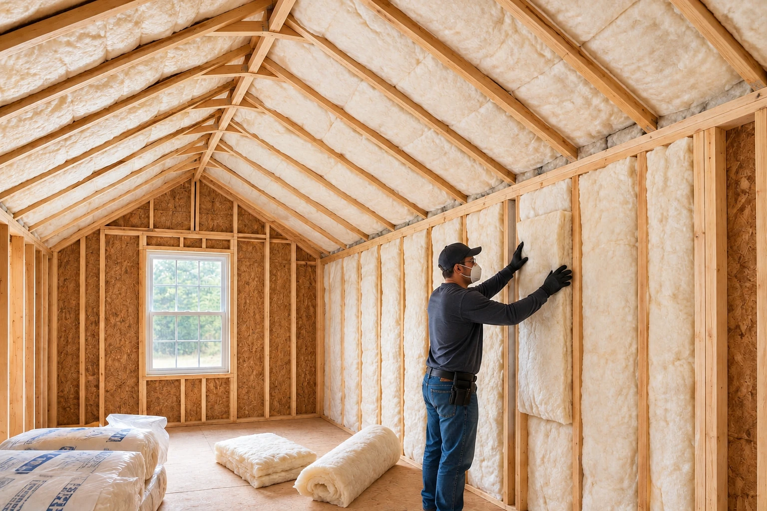 A worker fits white fiberglass batts between wall studs in a framed room with insulated roof rafters.