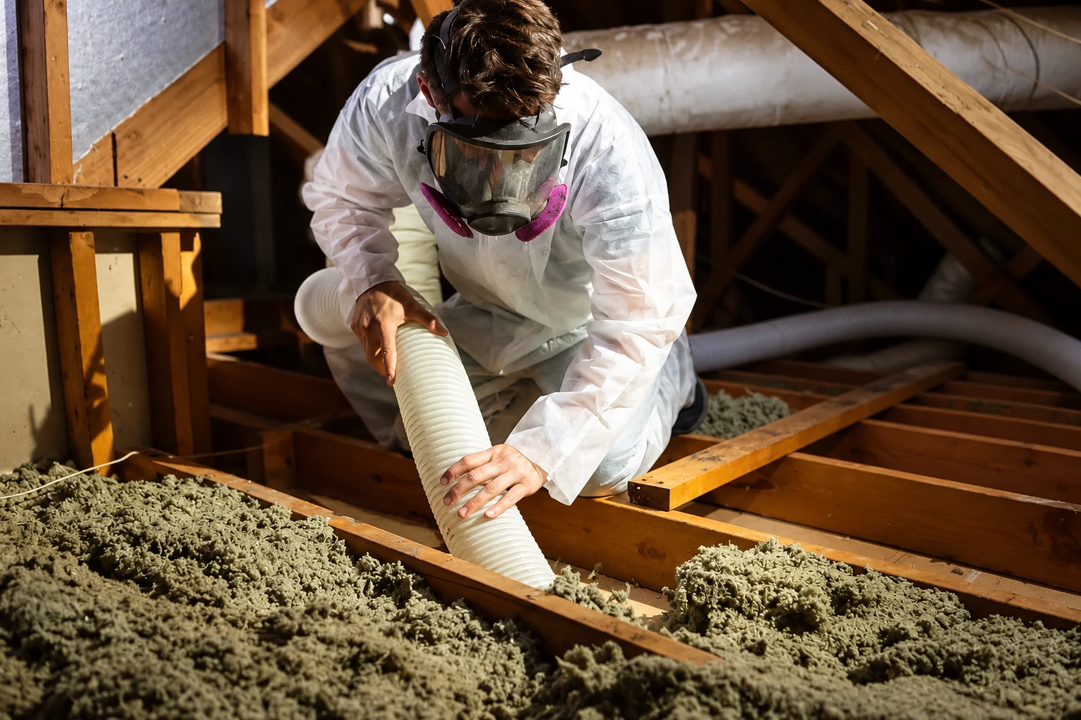 A worker in protective gear removes loose attic insulation through a wide flexible hose.
