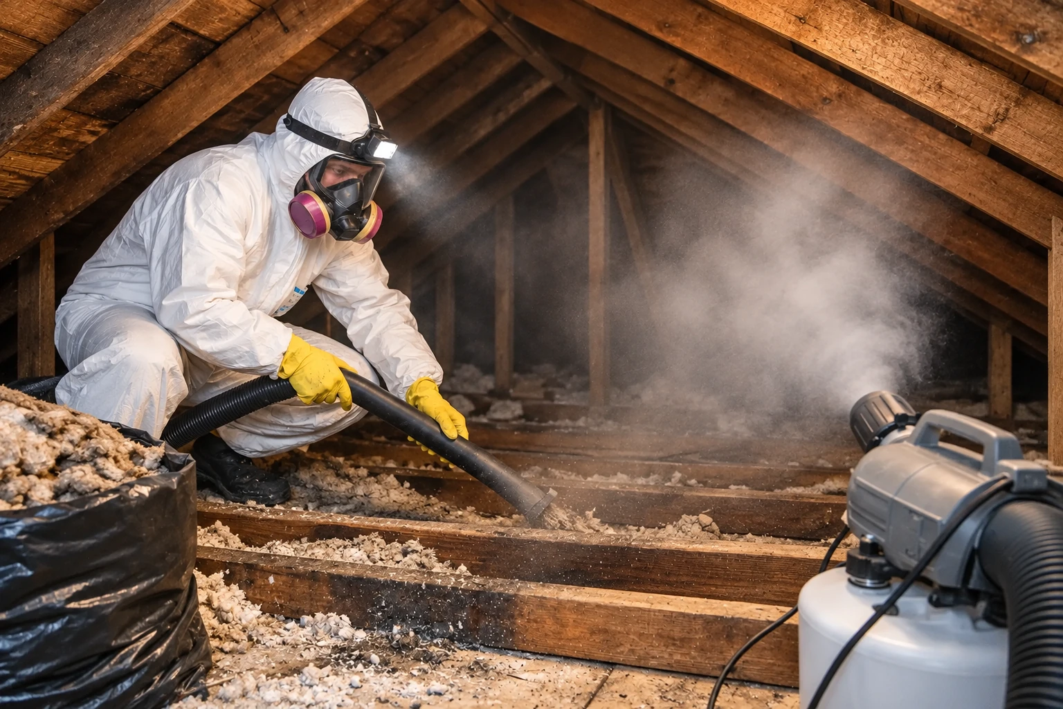 Worker in protective gear vacuuming loose insulation from an attic with a hose.