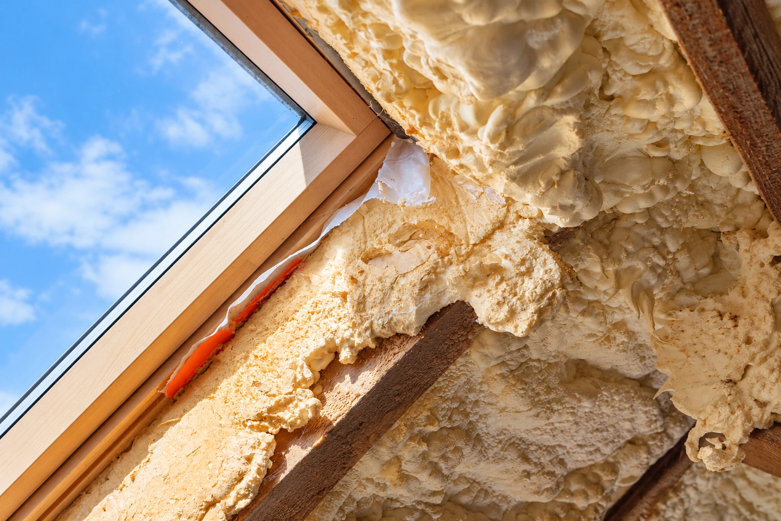 Open-cell spray foam fills the roof framing beside a skylight, with blue sky visible outside.