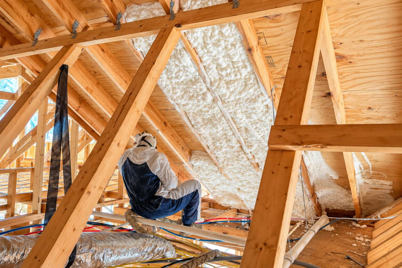 A worker sprays foam insulation between the rafters of a wooden attic.