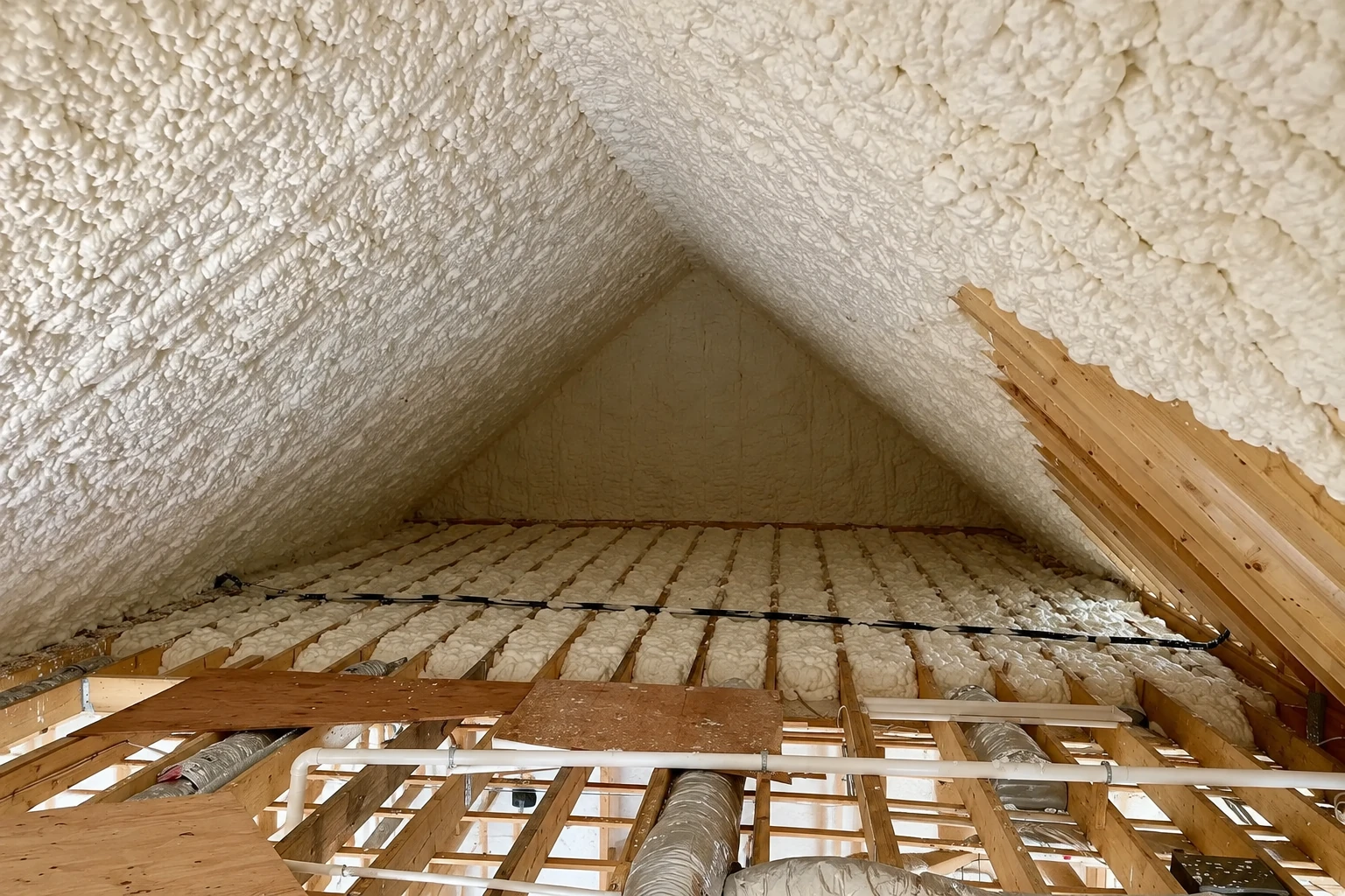 Spray foam insulation coats the sloped roof and walls of an attic above exposed wooden floor joists.