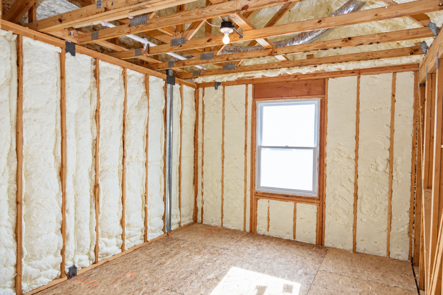 Foam insulation fills the wall cavities and roof framing of an unfinished room with a bare subfloor and one window.
