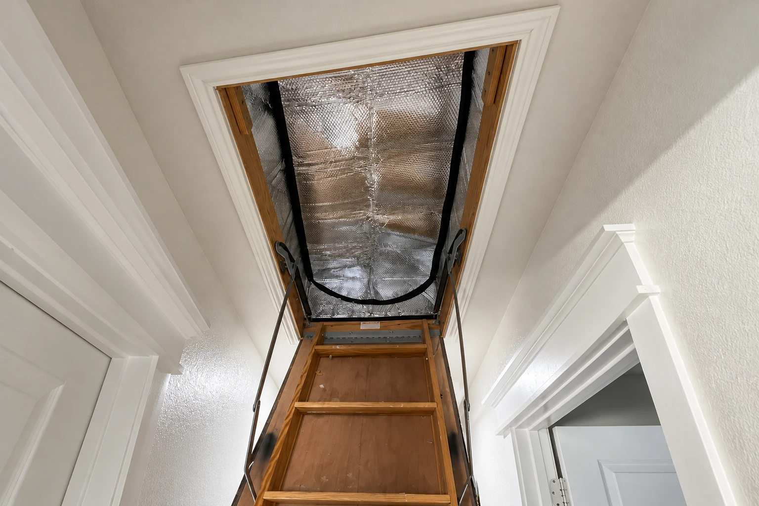 An attic ladder opens to a hatch lined with reflective vapor barrier material.