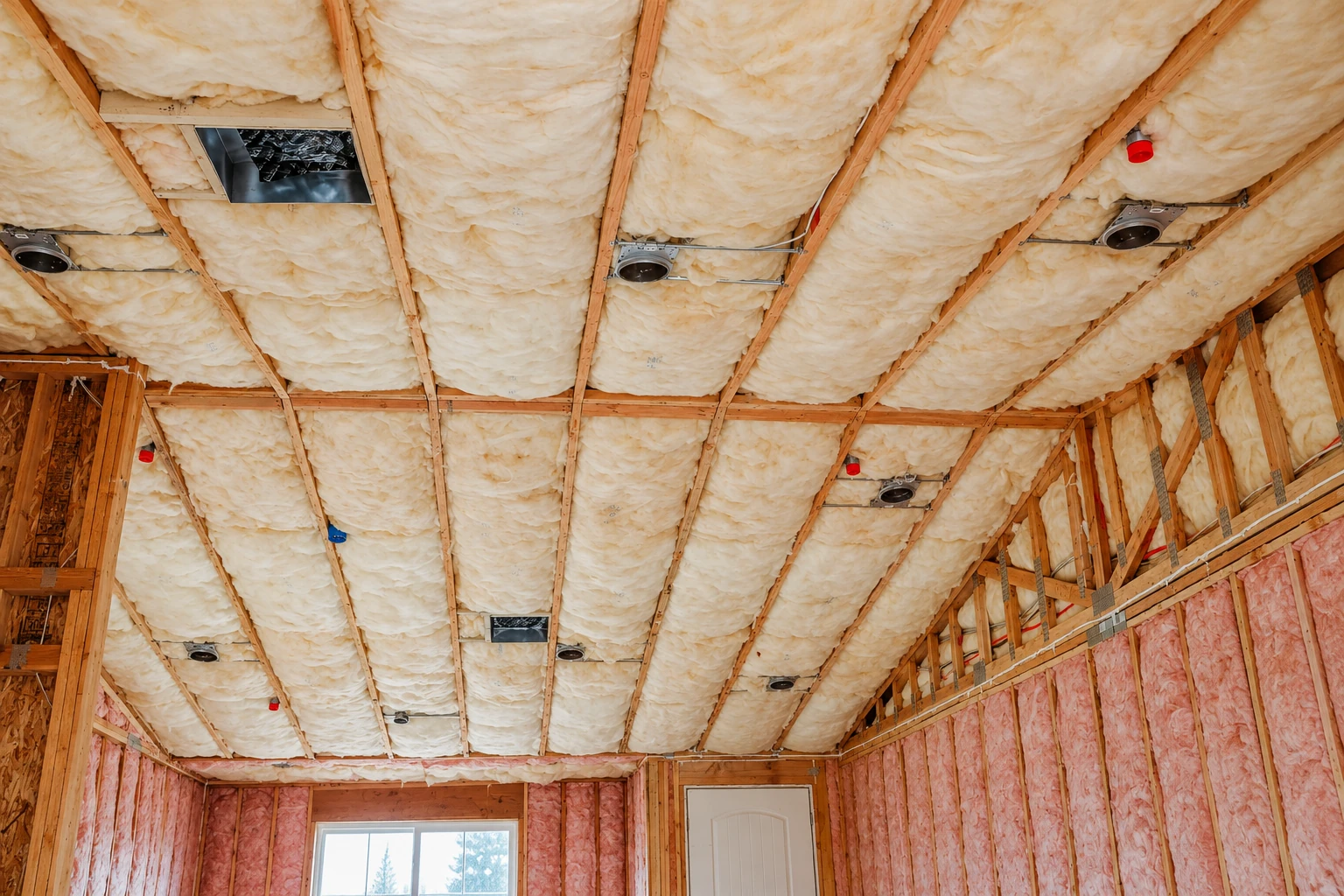 Unfinished room with fluffy insulation between ceiling joists and pink batts in the framed walls.